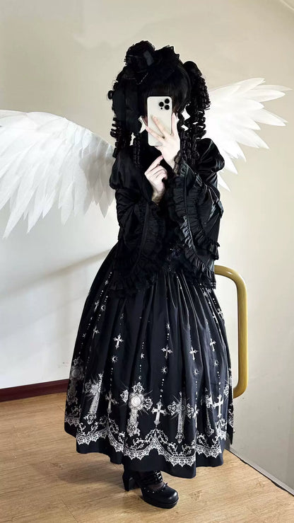 Star Remains Prayer - Elegant Gothic Lolita JSK & OP Dress Set, Cross & Moon Prints