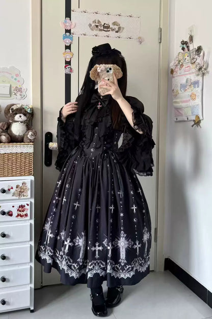 Star Remains Prayer - Elegant Gothic Lolita JSK & OP Dress Set, Cross & Moon Prints