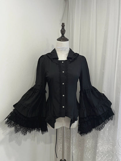 Gothic Lolita Hime Sleeve Blouse with Small Lapel Black Blouse Only S