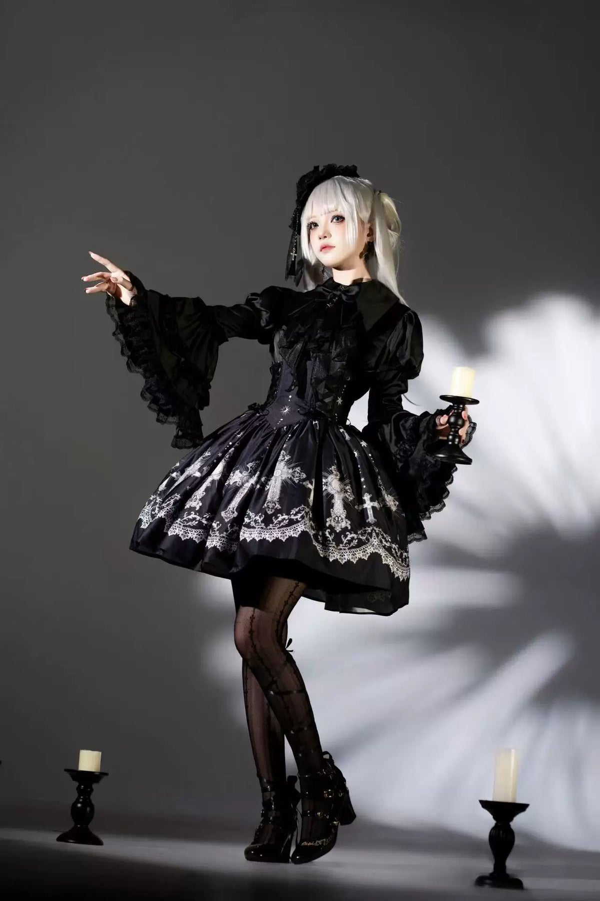 Star Remains Prayer - Elegant Gothic Lolita JSK & OP Dress Set, Cross & Moon Prints