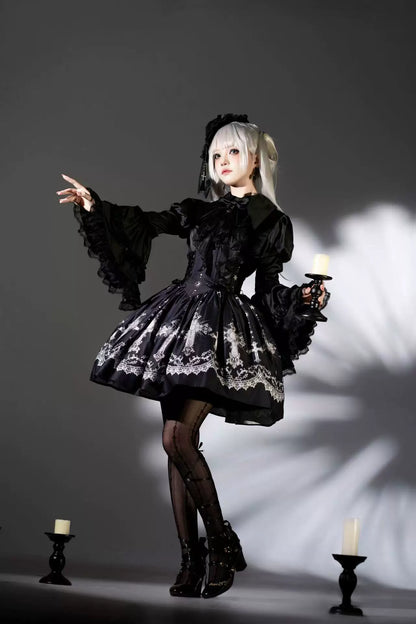 Star Remains Prayer - Elegant Gothic Lolita JSK & OP Dress Set, Cross & Moon Prints