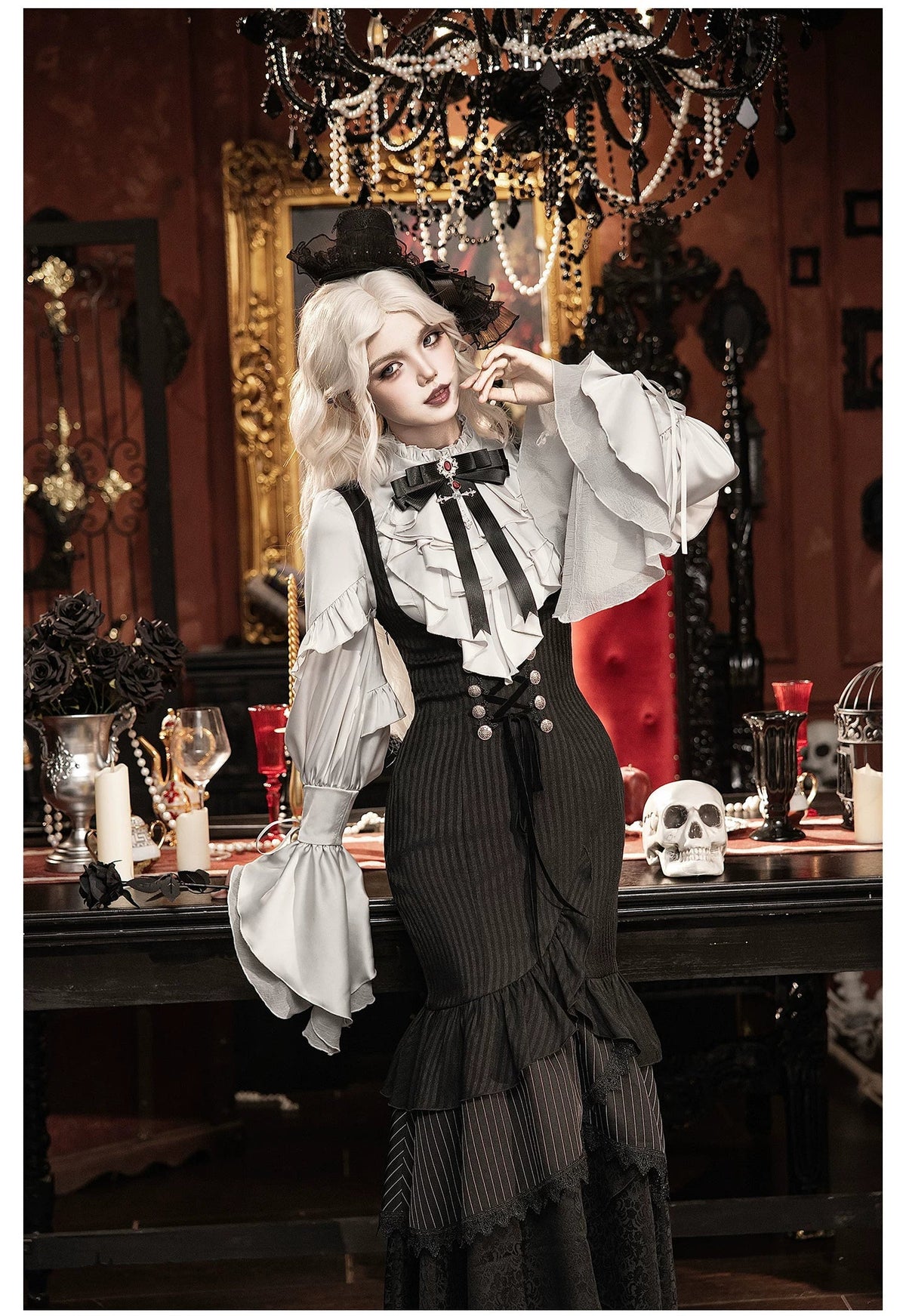 Night Crow - Elegant Gothic Lolita Blouse or Skirt Set, Irregular Hem