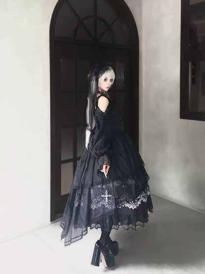Star Remains Prayer - Elegant Gothic Lolita JSK & OP Dress Set, Cross & Moon Prints