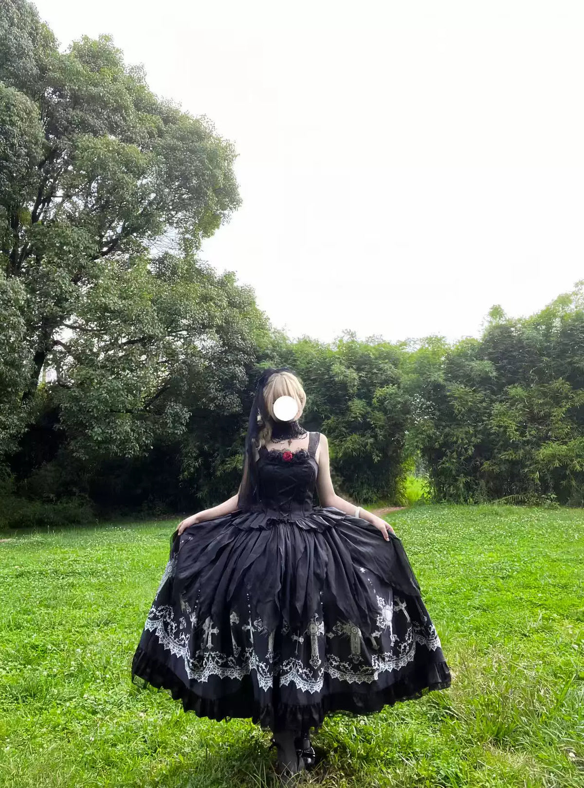 Star Remains Prayer - Elegant Gothic Lolita JSK & OP Dress Set, Cross & Moon Prints