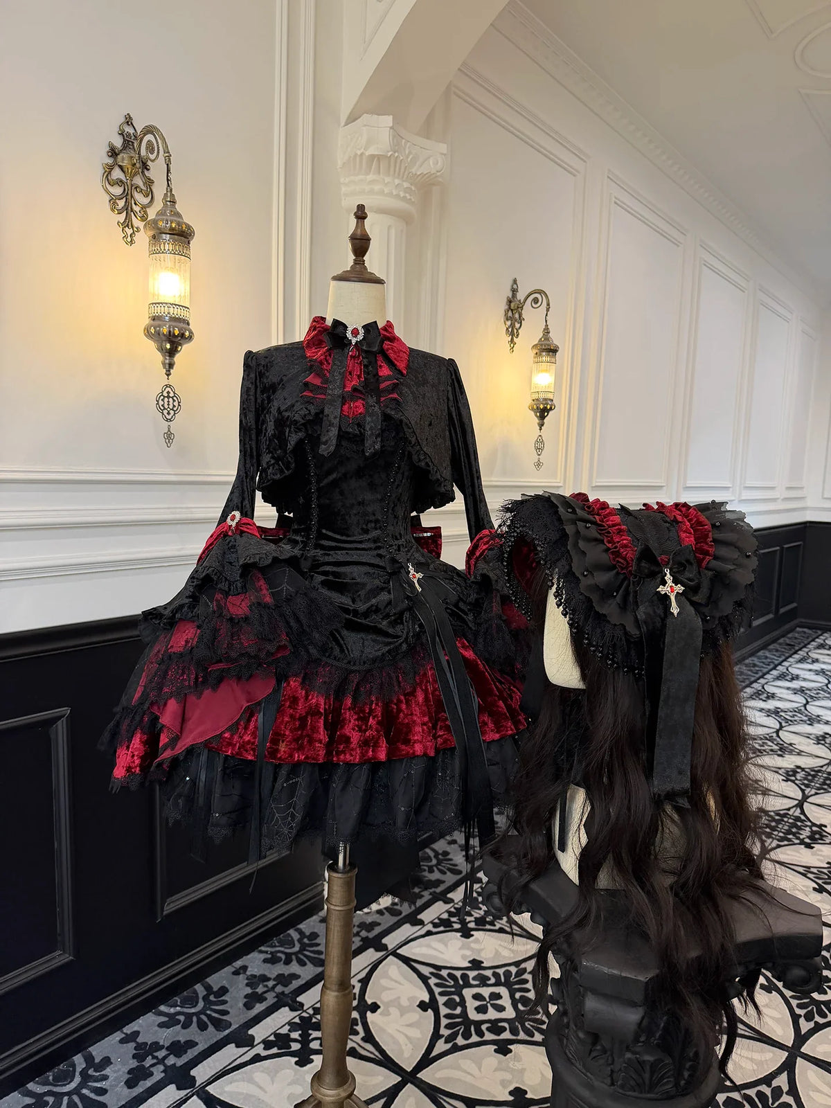 Dark Raven Poem - Gothic Lolita JSK & Bolero Dress Set, Diamond Velvet Red S Bonnet 4-Piece Set (JSK + bolero + tie + bonnet)