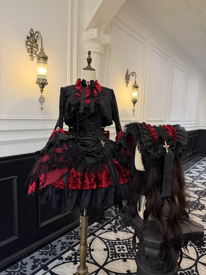 Dark Raven Poem - Gothic Lolita JSK & Bolero Dress Set, Diamond Velvet Red S Bonnet 4-Piece Set (JSK + bolero + tie + bonnet)