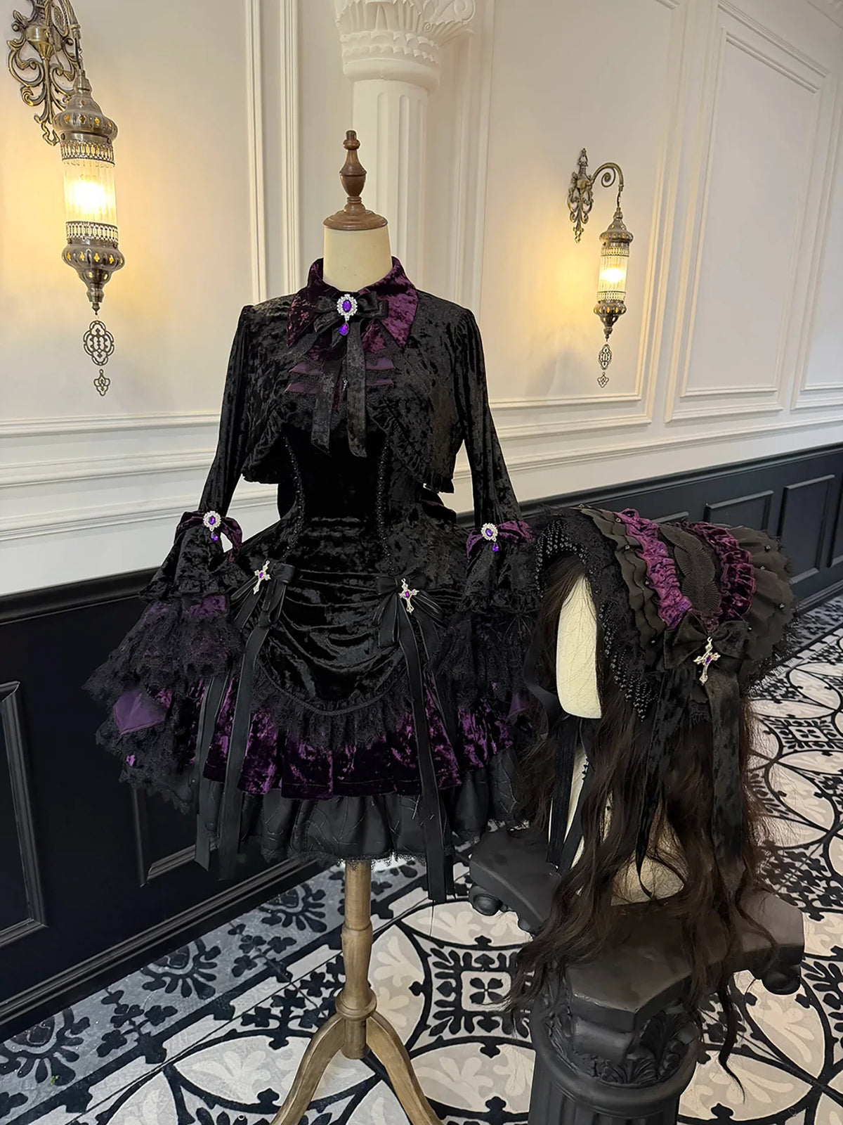 Dark Raven Poem - Gothic Lolita JSK & Bolero Dress Set, Diamond Velvet Purple S Bonnet 4-Piece Set (JSK + bolero + tie + bonnet)
