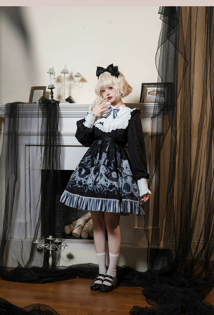 Bandage Bear - Gothic Lolita Long-Sleeve OP Dress, Teddy Bear Print