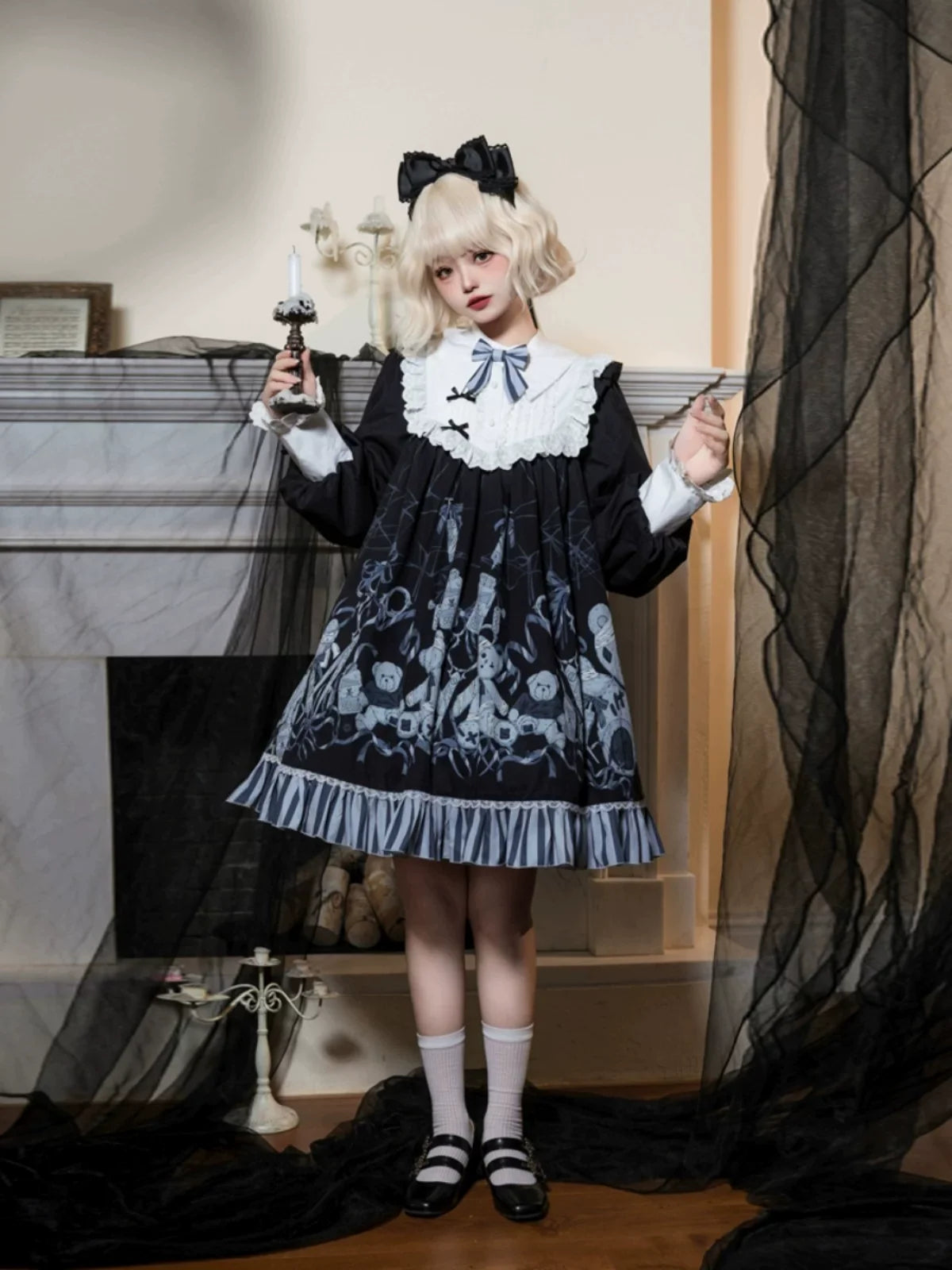 Bandage Bear - Gothic Lolita Long-Sleeve OP Dress, Teddy Bear Print Black OP Only S