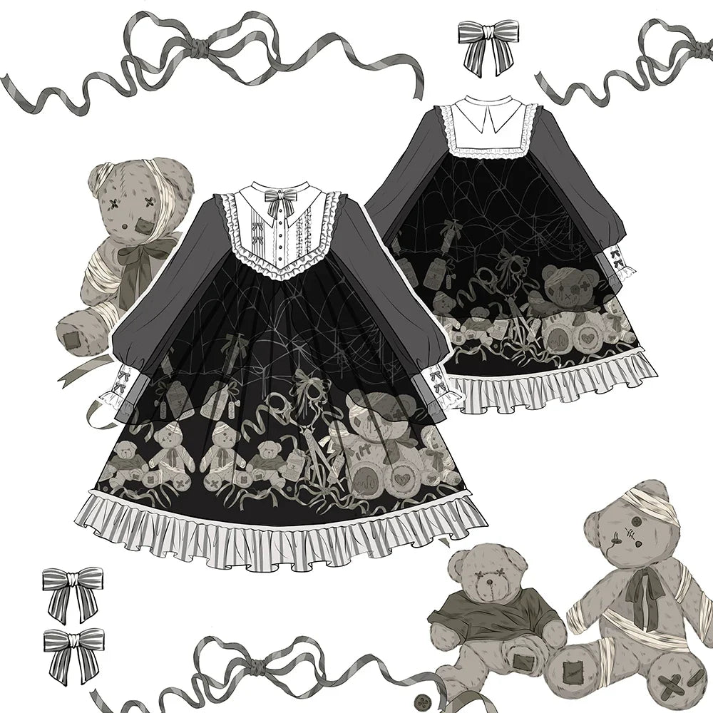 Bandage Bear - Gothic Lolita Long-Sleeve OP Dress, Teddy Bear Print