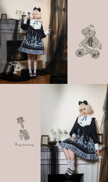 Bandage Bear - Gothic Lolita Long-Sleeve OP Dress, Teddy Bear Print