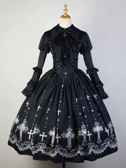 Star Remains Prayer - Elegant Gothic Lolita JSK & OP Dress Set, Cross & Moon Prints Long Skirt + Blouse S Two-piece Set