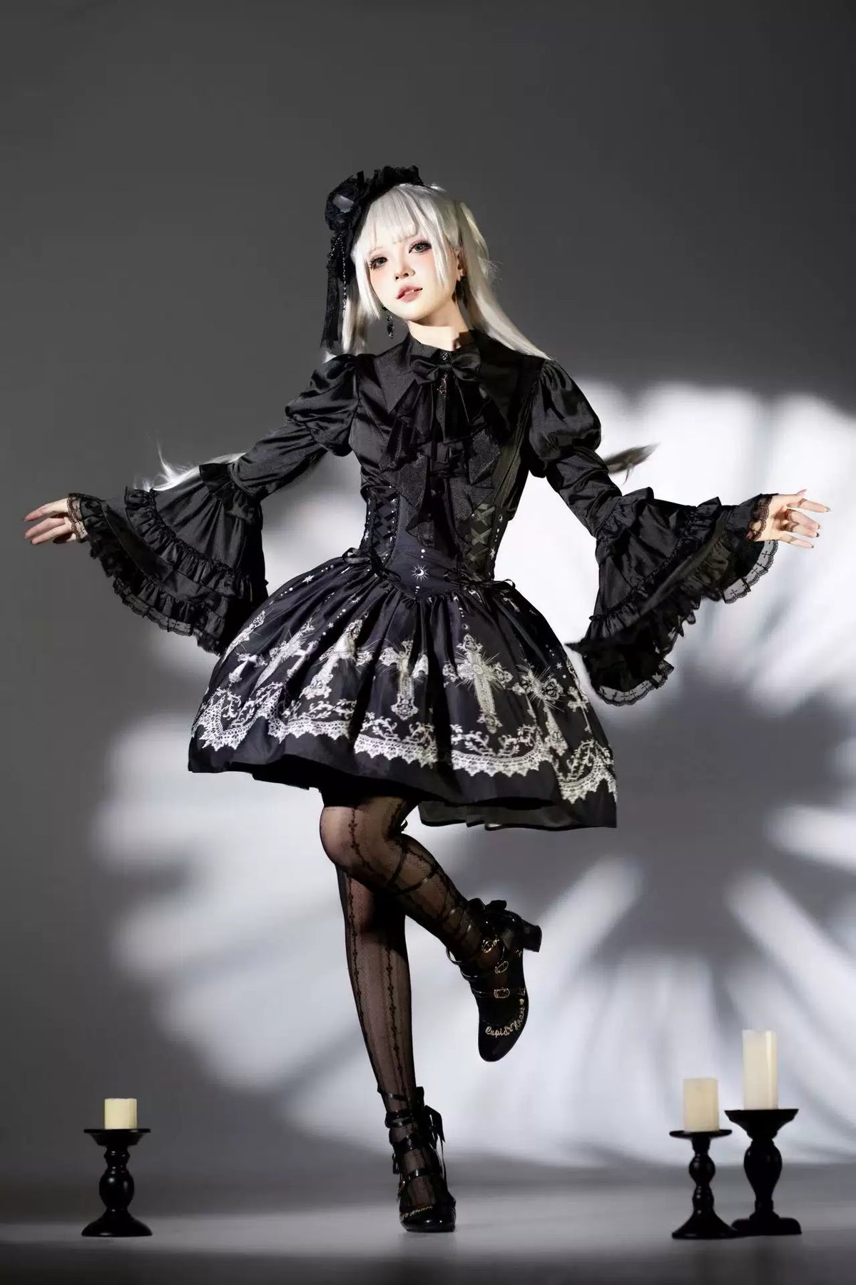 Star Remains Prayer - Elegant Gothic Lolita JSK & OP Dress Set, Cross & Moon Prints