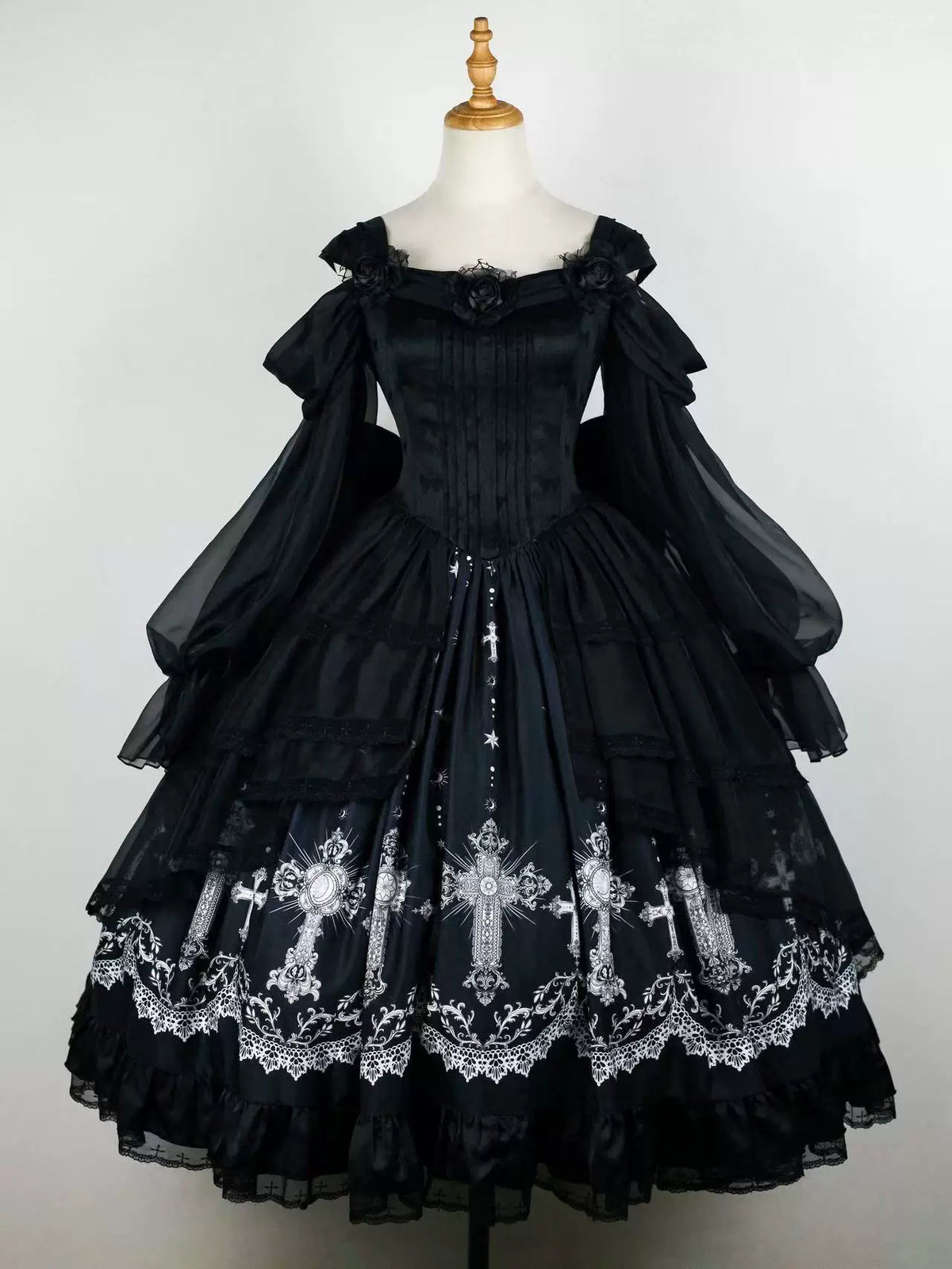 Star Remains Prayer - Elegant Gothic Lolita JSK & OP Dress Set, Cross & Moon Prints