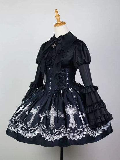 Star Remains Prayer - Elegant Gothic Lolita JSK & OP Dress Set, Cross & Moon Prints Short Skirt + Blouse S Two-piece Set