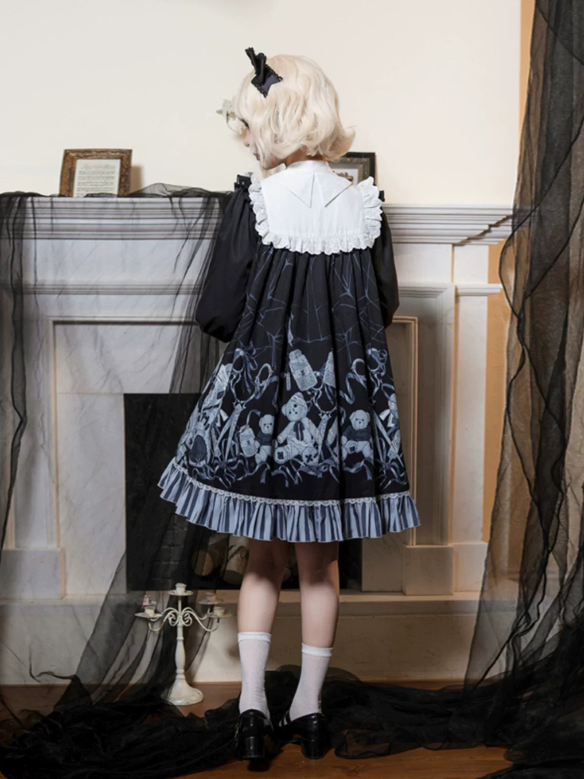 Bandage Bear - Gothic Lolita Long-Sleeve OP Dress, Teddy Bear Print