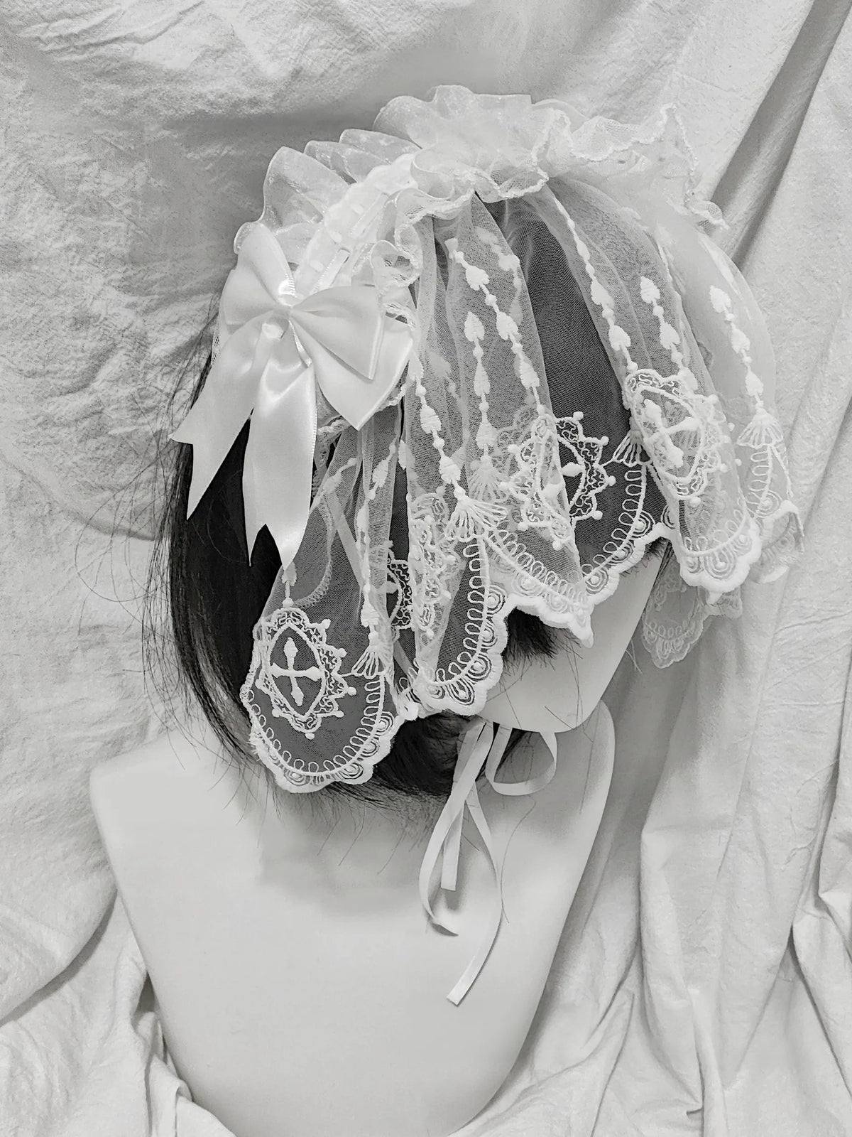 Halloween Gothic Lolita Lace Veil Hairband, Cross Embroidery