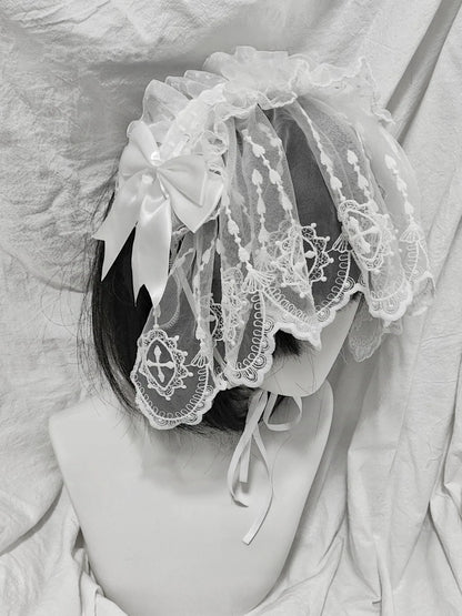 Halloween Gothic Lolita Lace Veil Hairband, Cross Embroidery