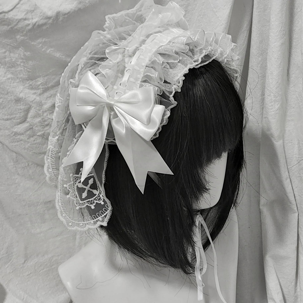 Halloween Gothic Lolita Lace Veil Hairband, Cross Embroidery White - Standard Veil