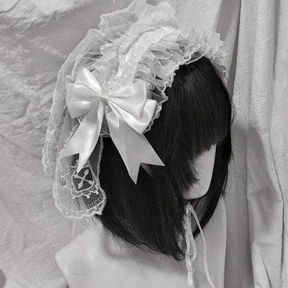 Halloween Gothic Lolita Lace Veil Hairband, Cross Embroidery White - Standard Veil