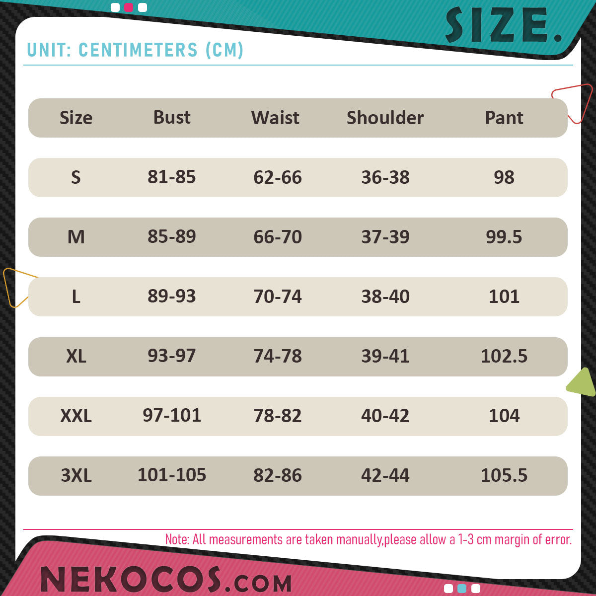 Size chart for 【Nekocos】Game Genshin Impact Cosplay Alyosha Cosplay Costume Premium Edition | Custom-Tailor in centimeters.