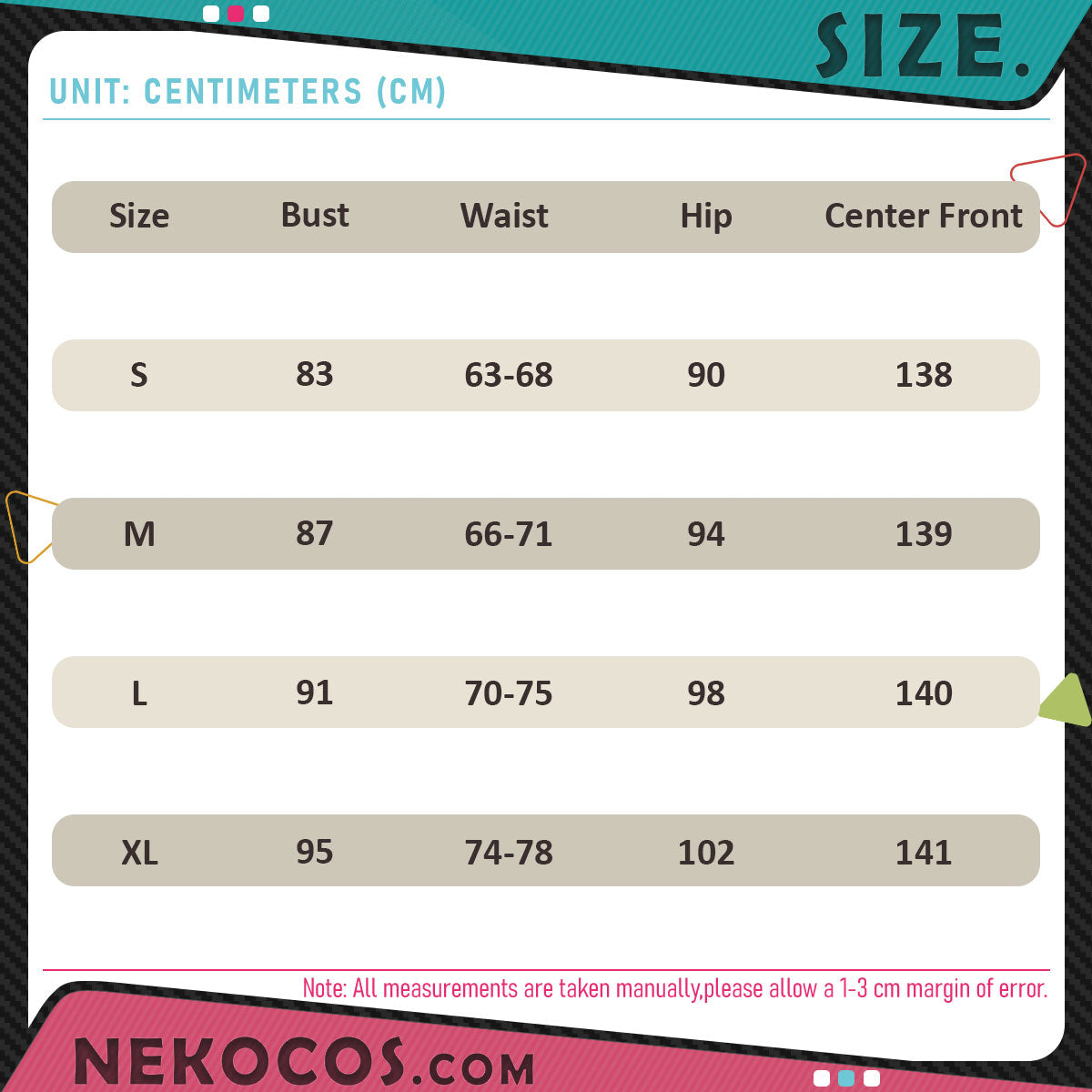 Size chart for 【Nekocos】Game Wuthering Waves Cosplay Xin Cosplay Costume Premium Edition | Custom-Tailor with measurements in centimeters.