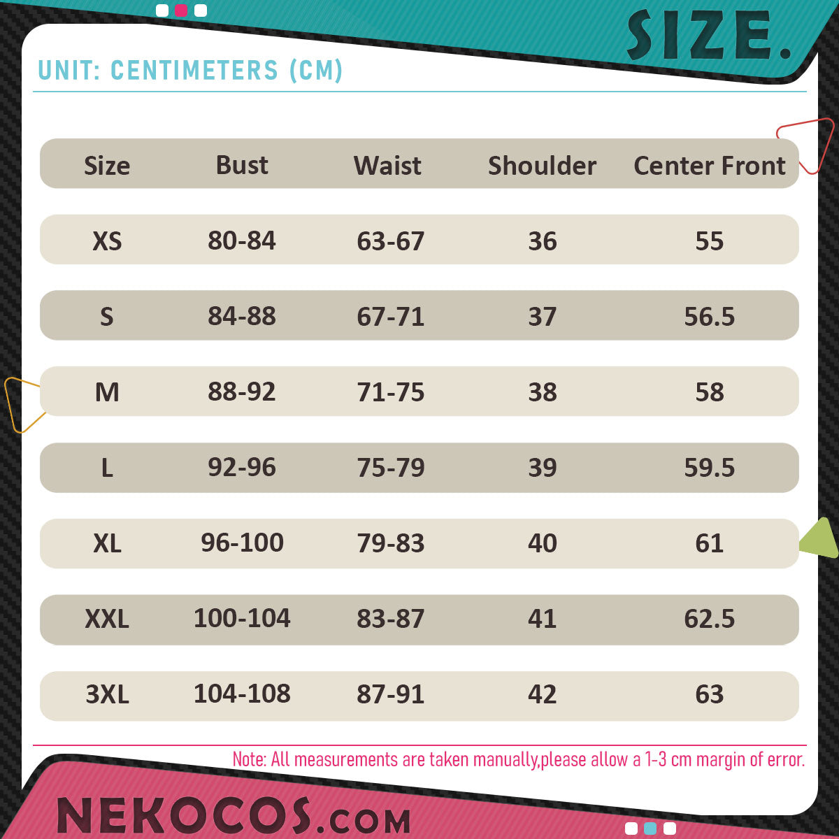 Size chart for 【Nekocos】Game Uma Musume Pretty Derby Cosplay Rose Kingdom Cosplay Costume | In Stock, showing measurements in centimeters.