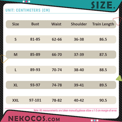 Size chart for Yangyang Cosplay Costume Premium Edition Wuthering Waves Cosplay with bust, waist, and train length measurements.
