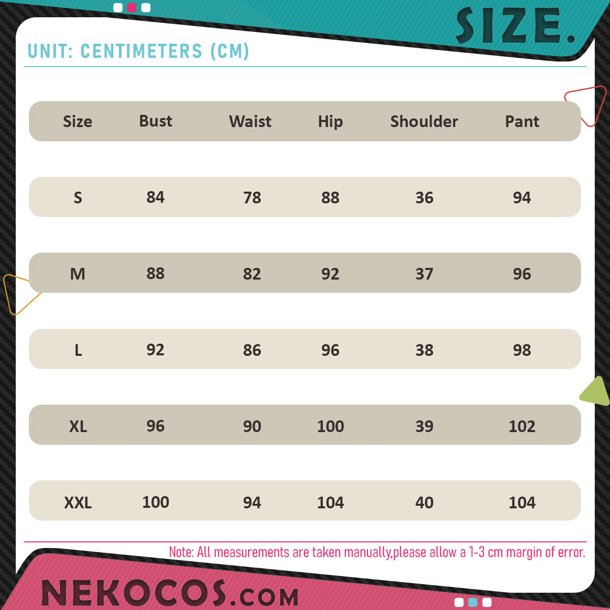 Size chart for 【Nekocos】Game Neverness to Everness Cosplay Daffodill Cosplay Costume in centimeters.