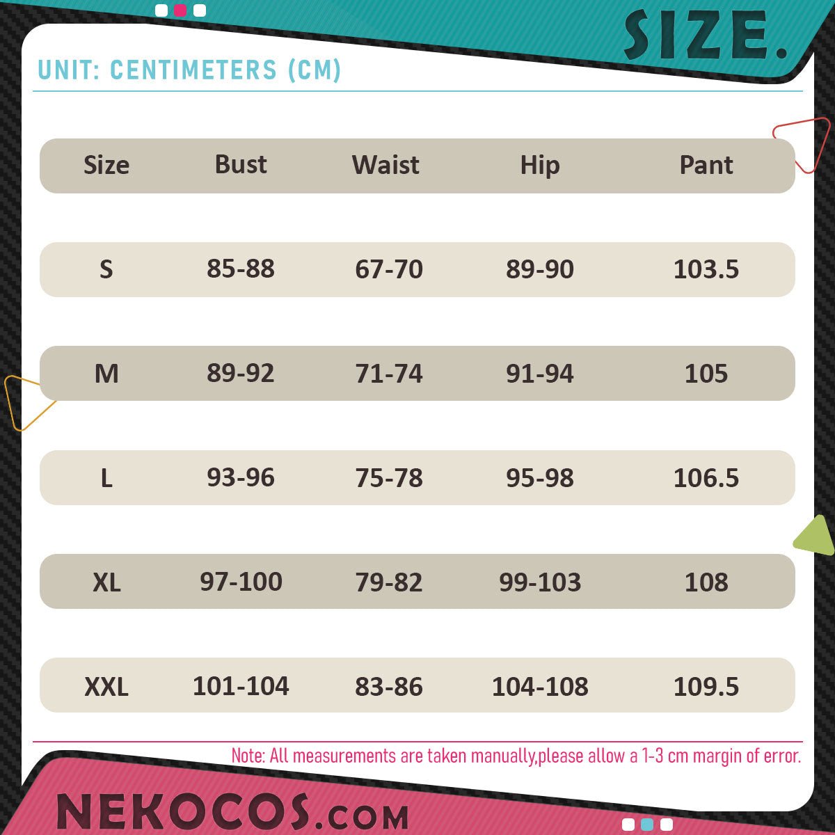 Size chart for 【Nekocos】Game Genshin Impact Cosplay Aether Traveler Snezhnaya Skin Costume Premium Edition | In Stock.