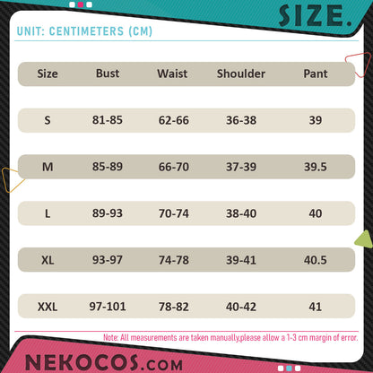 Size chart for 【Nekocos】Game Honkai: Star Rail cosplay Anaxa cosplay costume | In Stock including bust, waist, shoulder, and pant measurements.