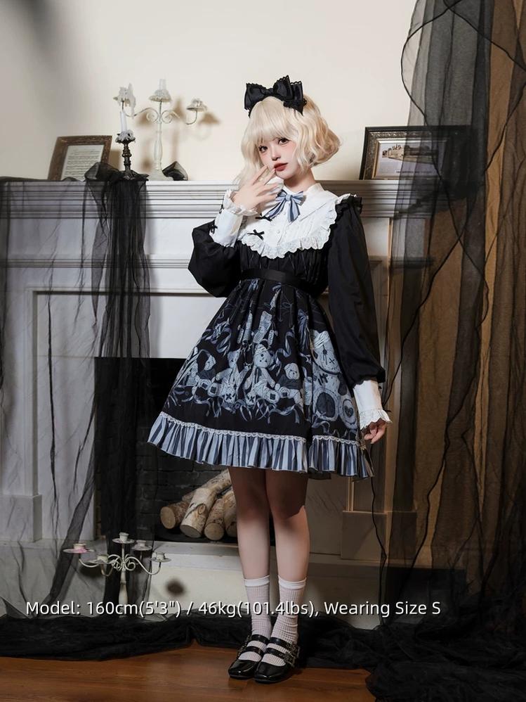 Bandage Bear - Gothic Lolita Long-Sleeve OP Dress, Teddy Bear Print
