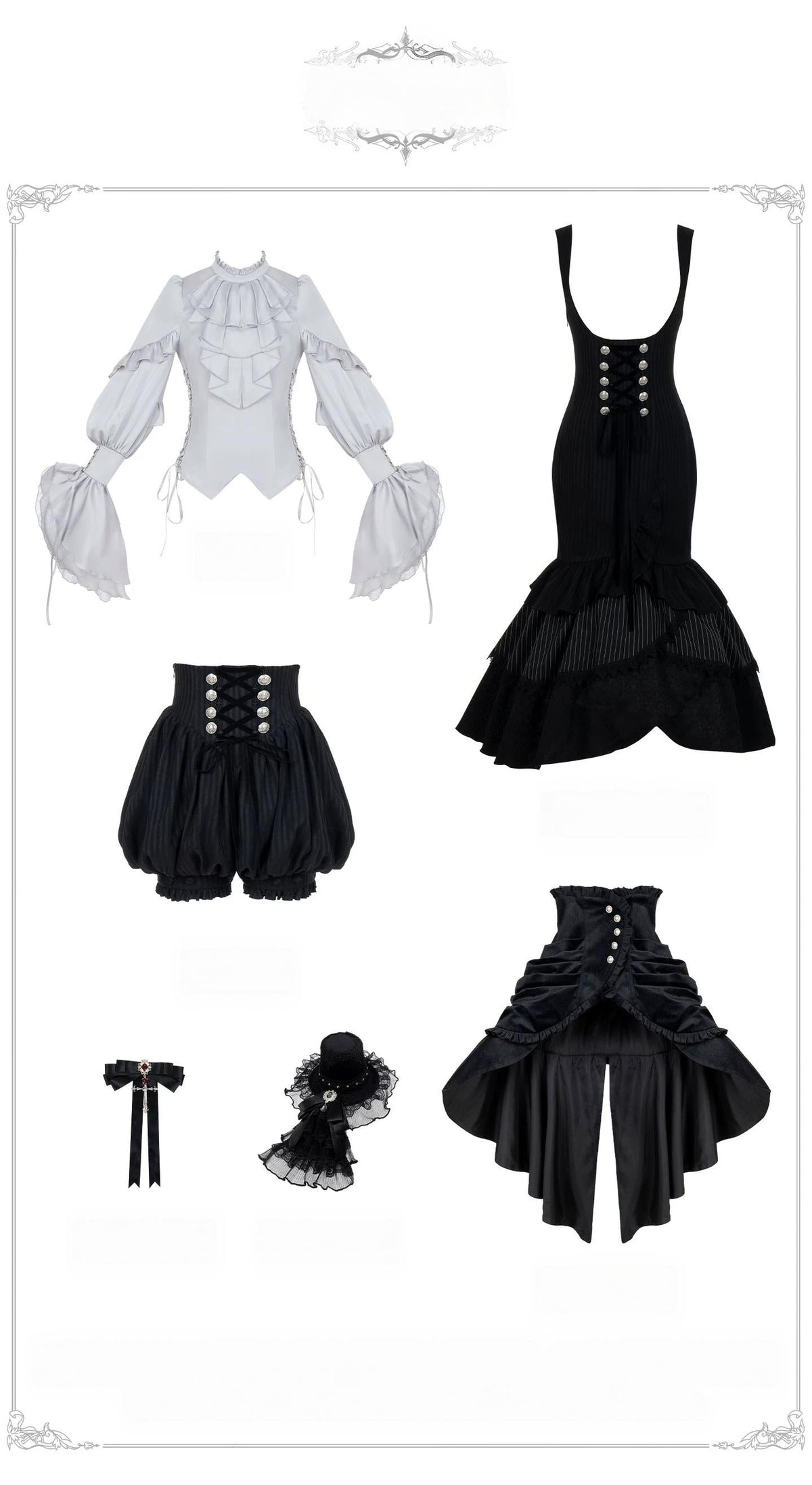 Night Crow - Elegant Gothic Lolita Blouse or Skirt Set, Irregular Hem Mermaid Skirt + Blouse + Collar Bow+ Top Hat (in stock) S