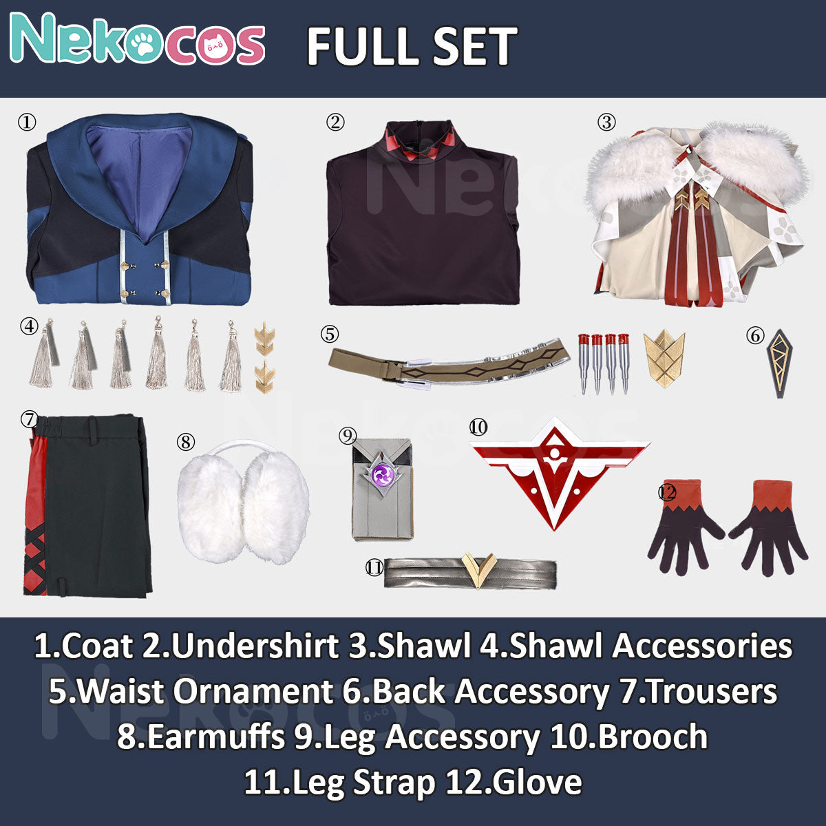 Full set of 【Nekocos】Game Genshin Impact Cosplay Alyosha Cosplay Costume Premium Edition | Custom-Tailor including all accessories.