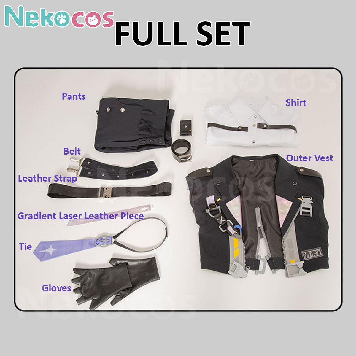 Full set of 【Nekocos】Game Neverness to Everness Cosplay Esper Zero Cosplay Costume including pants, shirt, vest, and accessories.