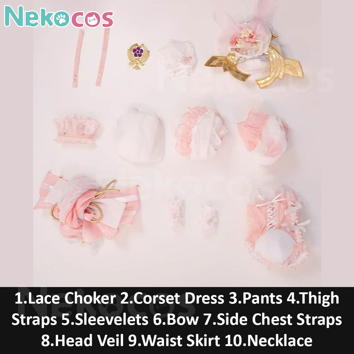 Components of 【Nekocos】Game Genshin Impact Cosplay Yae Miko Bride Ver. Cosplay Costume including dress and accessories.