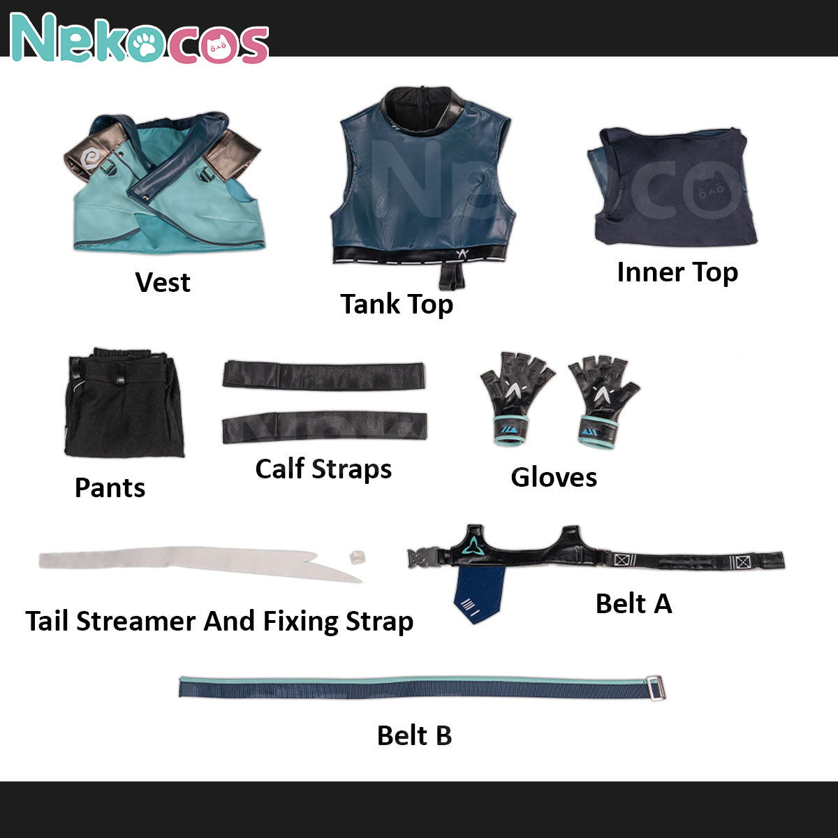 Detailed view of【Nekocos】Game Cosplay Jett Cosplay Costume | Custom-Tailor full set including vest, tank top, gloves, and belts.