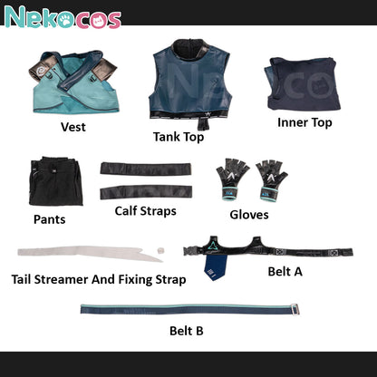 Detailed view of【Nekocos】Game Cosplay Jett Cosplay Costume | Custom-Tailor full set including vest, tank top, gloves, and belts.