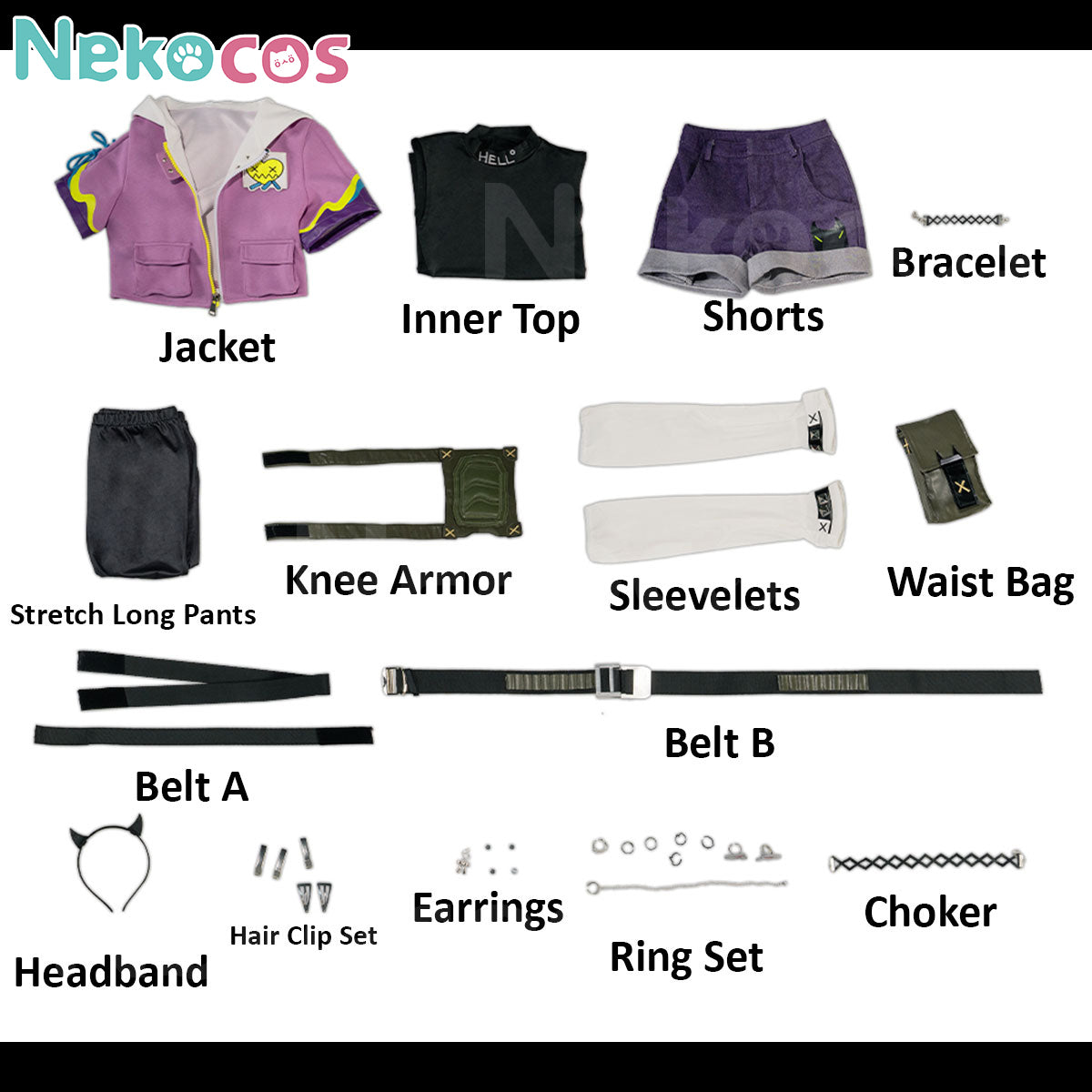 Nekocos Game Cosplay Clove Cosplay Costume Custom-Tailor full set including jacket, inner top, shorts, knee armor, accessories.