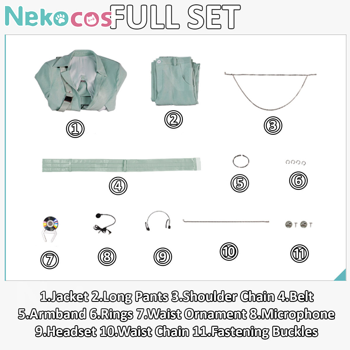 Full set of accessories for 【Nekocos】Anime Cosplay Luka Cosplay Costume, including jacket, pants, and various props.