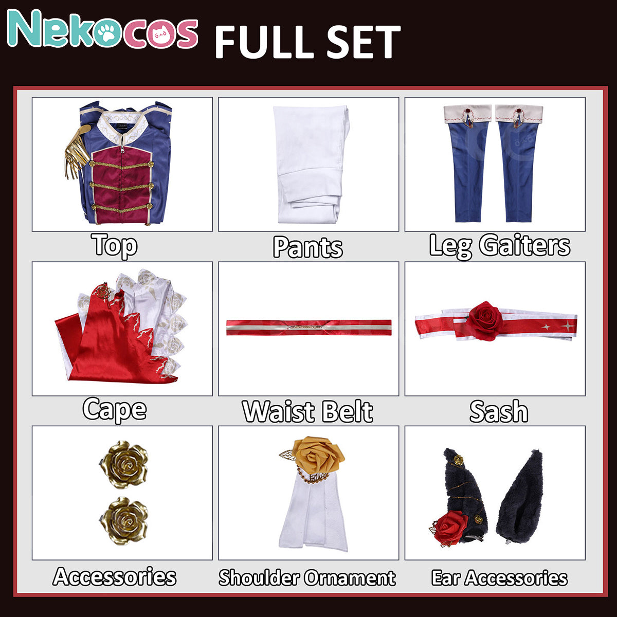 Full set components of 【Nekocos】Game Uma Musume Pretty Derby Cosplay Rose Kingdom Cosplay Costume | In Stock including top, pants, cape, and accessories.