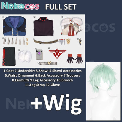 Nekocos Full Set for Genshin Impact Cosplay Alyosha Costume with Wig, includes coat, accessories, and custom-tailored options.