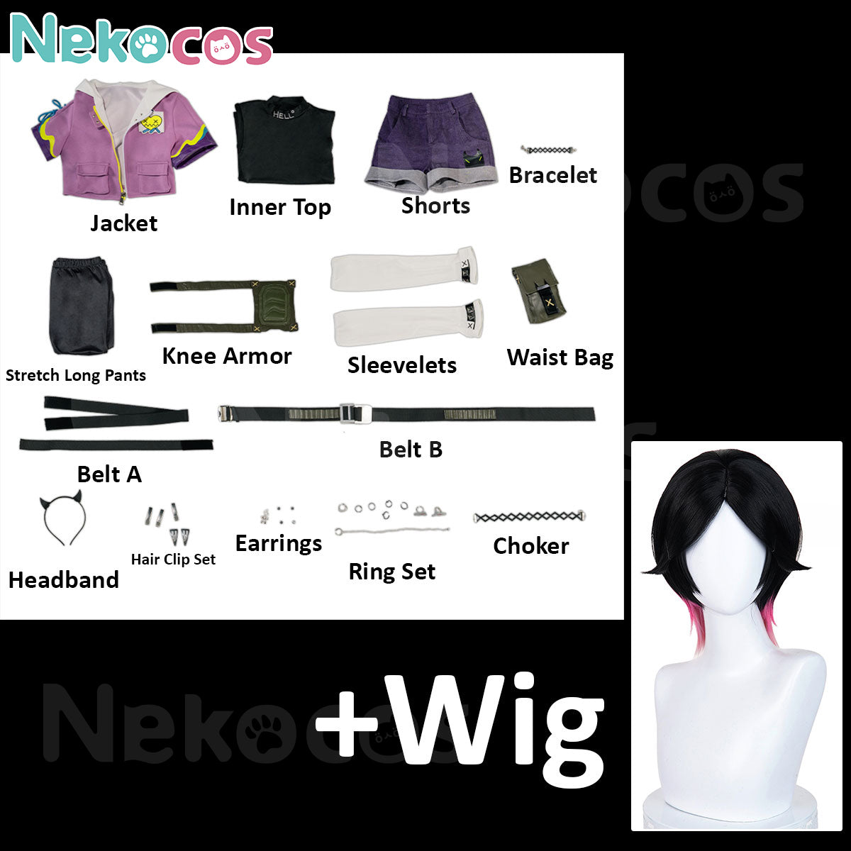 Nekocos Game Cosplay Clove Cosplay Costume | Custom-Tailor includes full set and wig, featuring various costume accessories.