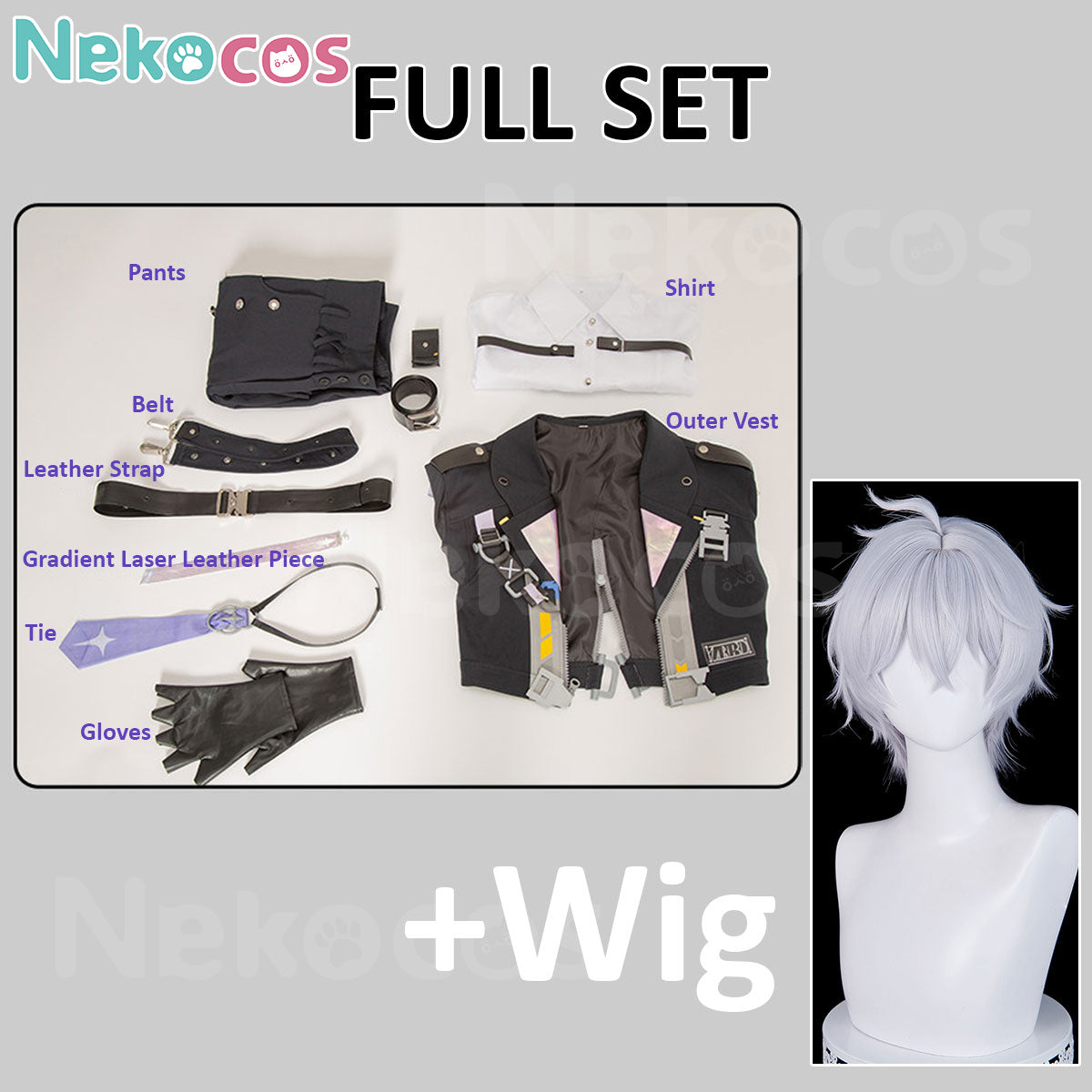 Nekocos Game Neverness to Everness Cosplay Esper Zero Cosplay Costume Full Set and Wig laid out on display.